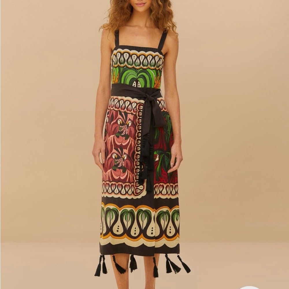 FARM Rio Green and Red Patterned Midi Dress